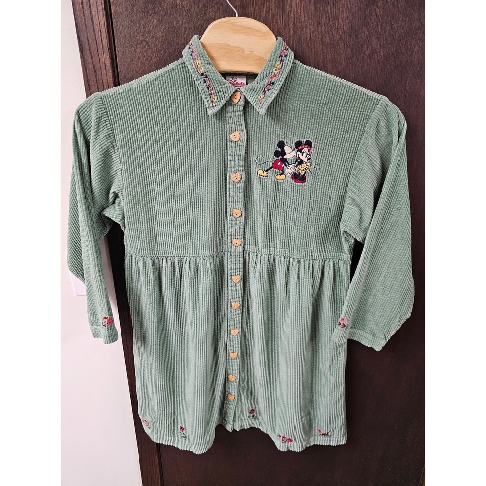 Disney Store Vintage Sage Green Corduroy Mickey Minnie Heart Button Dress L